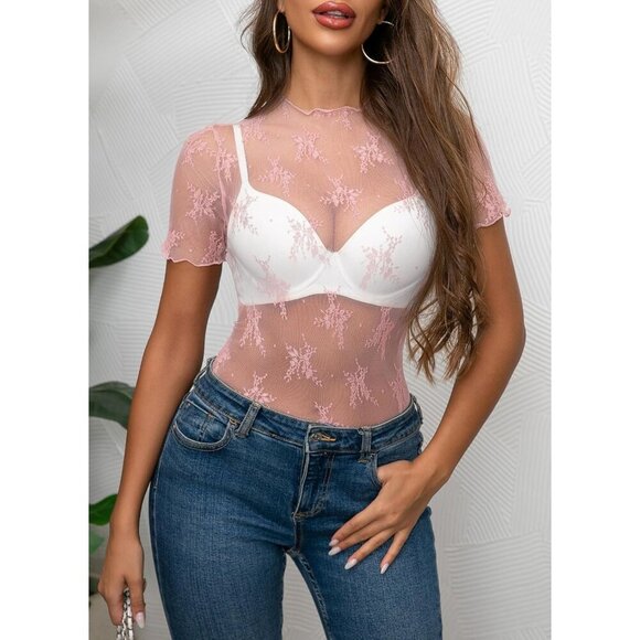 🆕Women's Pink Mesh Sheer Long Sleeve Mock Neck Sexy Lace Floral Blouse Top - Picture 2 of 6